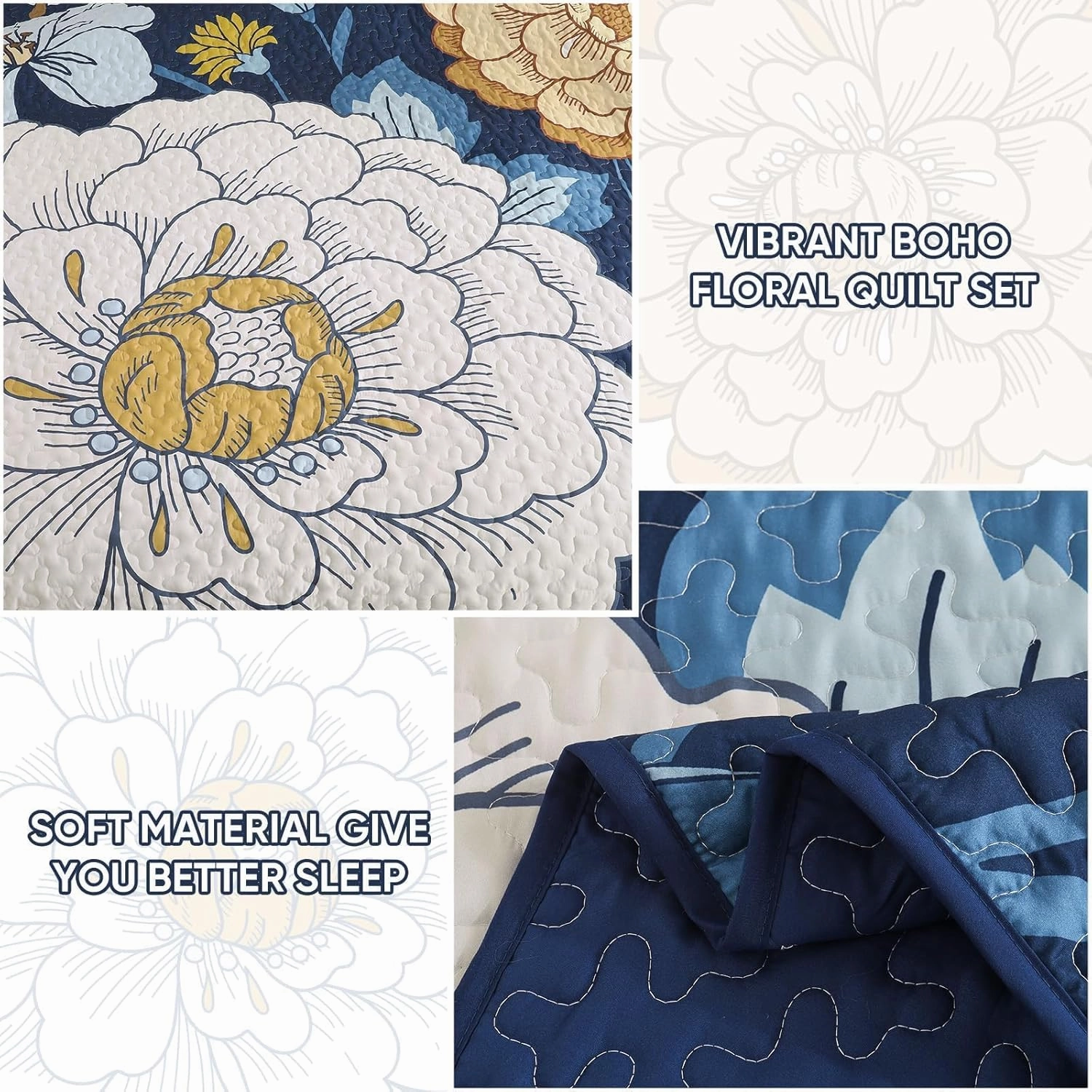 DJY Navy Floral Quilt Set King Size Boho Bedspread Coverlet Set, 3 Piece Botanical Quilt Soft Microfiber Blue Floral Bohemian Bedding Set with 2 Pillowcases for All Season, 110''x90''