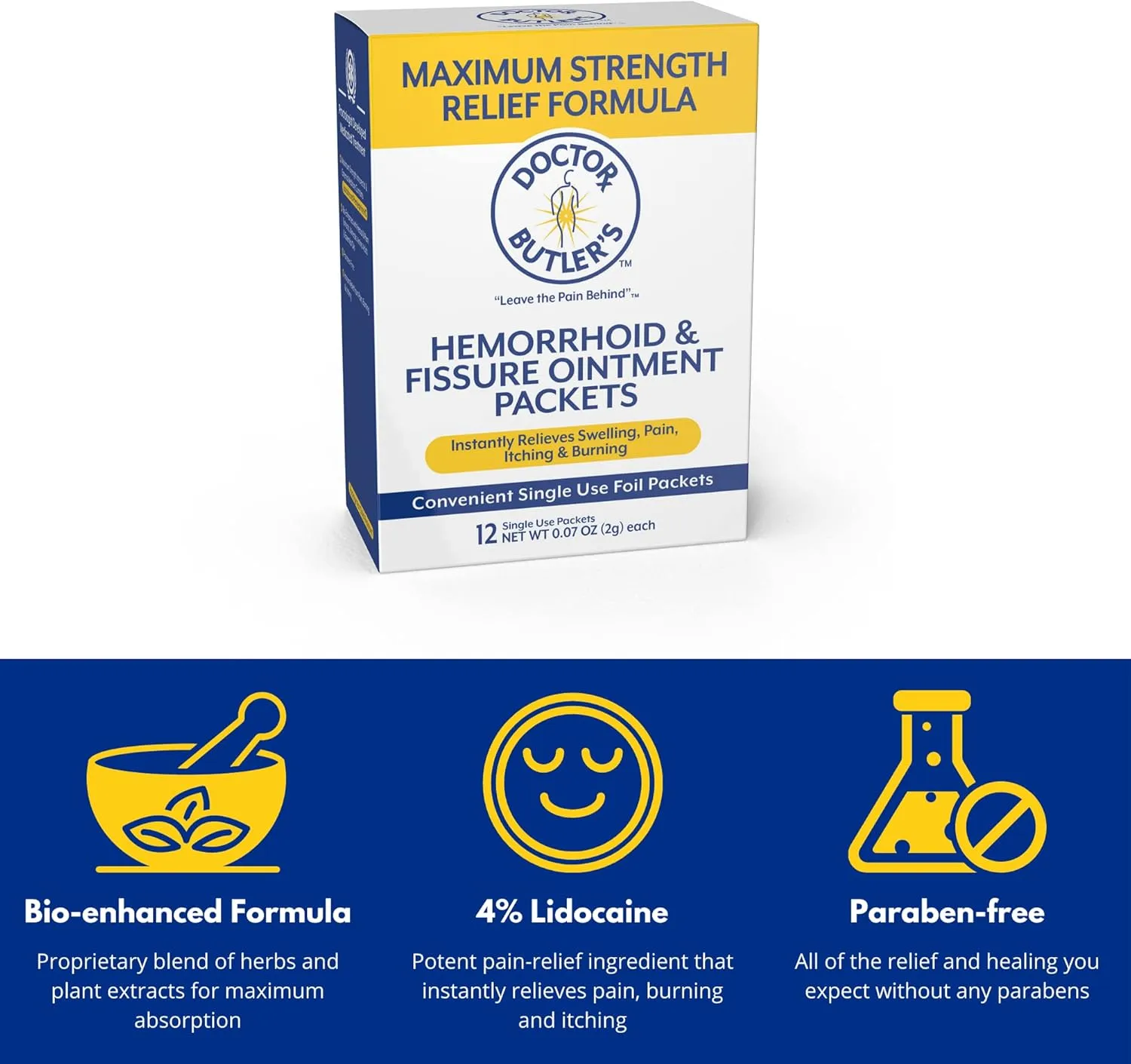 Doctor Butler's Maximum Strength Hemorrhoid & Fissure Ointment 12 to-Go Packets - Instant Pain Relief Hemorrhoid Treatment with Lidocaine, Internal & External Itching, Burning and Swelling Relief