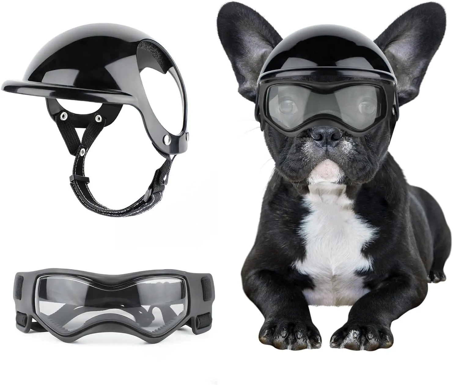 Dog Helmet and Goggles for Small Dogs - Pet Goggles Pet Motorcycle Helmet Hat with Ear Holes Adjustable Straps Safety Helmet for Puppy Riding - Black