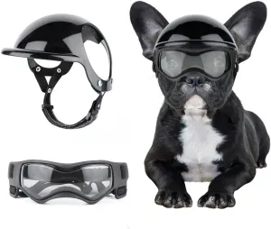 Dog Helmet and Goggles for Small Dogs - Pet Goggles Pet Motorcycle Helmet Hat with Ear Holes Adjustable Straps Safety Helmet for Puppy Riding - Black