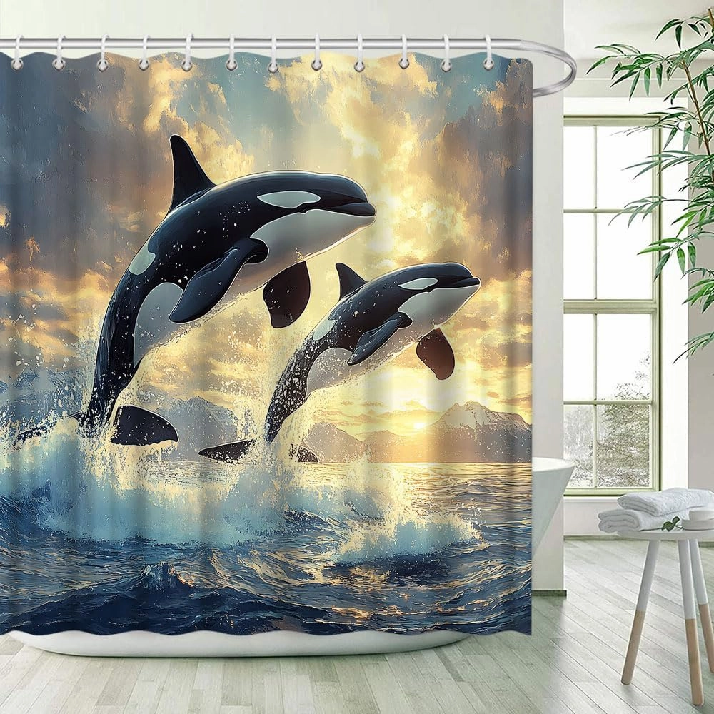 Dolphin Shower Curtain Jumping Dolphins Blue Underwater World Kids Ocean Cool Animal Sea Fish Beach Coastal Summer Waves Nautical Bathroom Decor Curtains 70x78 inch with Hook