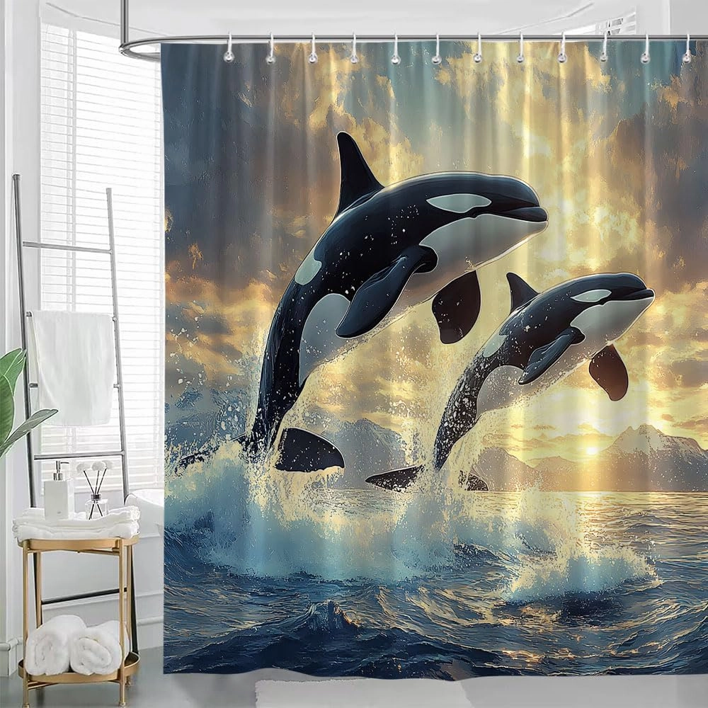 Dolphin Shower Curtain Jumping Dolphins Blue Underwater World Kids Ocean Cool Animal Sea Fish Beach Coastal Summer Waves Nautical Bathroom Decor Curtains 70x78 inch with Hook
