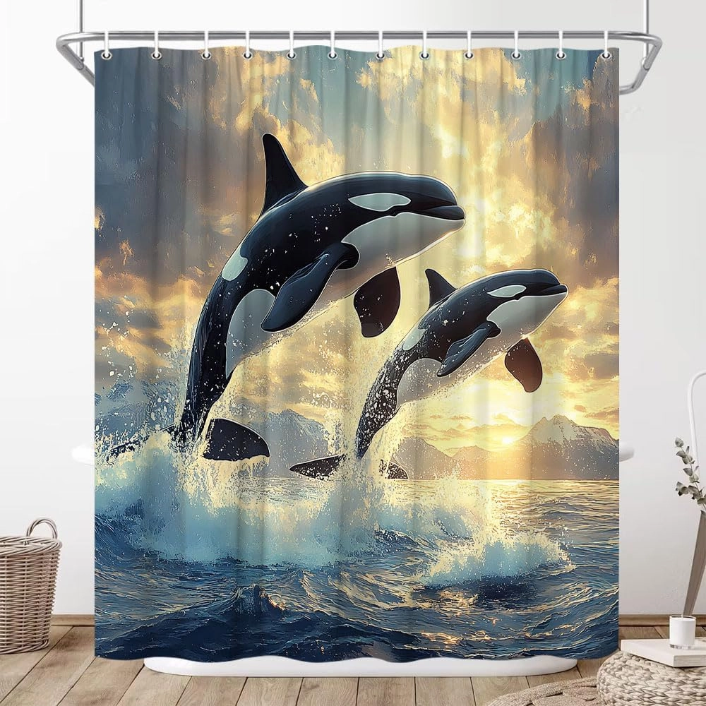 Dolphin Shower Curtain Jumping Dolphins Blue Underwater World Kids Ocean Cool Animal Sea Fish Beach Coastal Summer Waves Nautical Bathroom Decor Curtains 70x78 inch with Hook