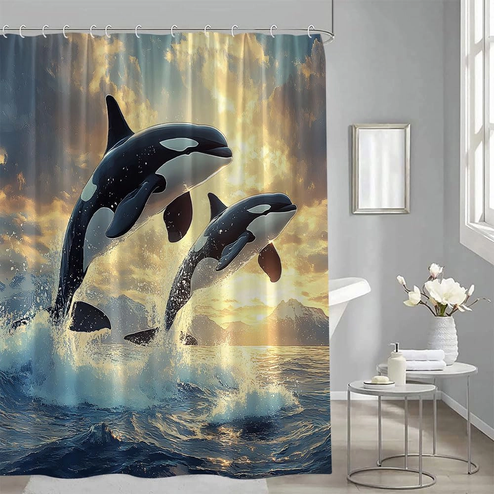 Dolphin Shower Curtain Jumping Dolphins Blue Underwater World Kids Ocean Cool Animal Sea Fish Beach Coastal Summer Waves Nautical Bathroom Decor Curtains 70x78 inch with Hook