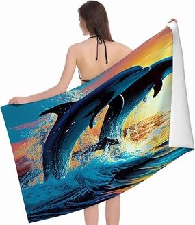 Dolphins Jumping at Sunset，Microfiber Beach Towel,Quick Dry Super Absorbent Lightweight Oversized Large Towels Blanket for Travel Pool Swimming Bath,32 x 52 in