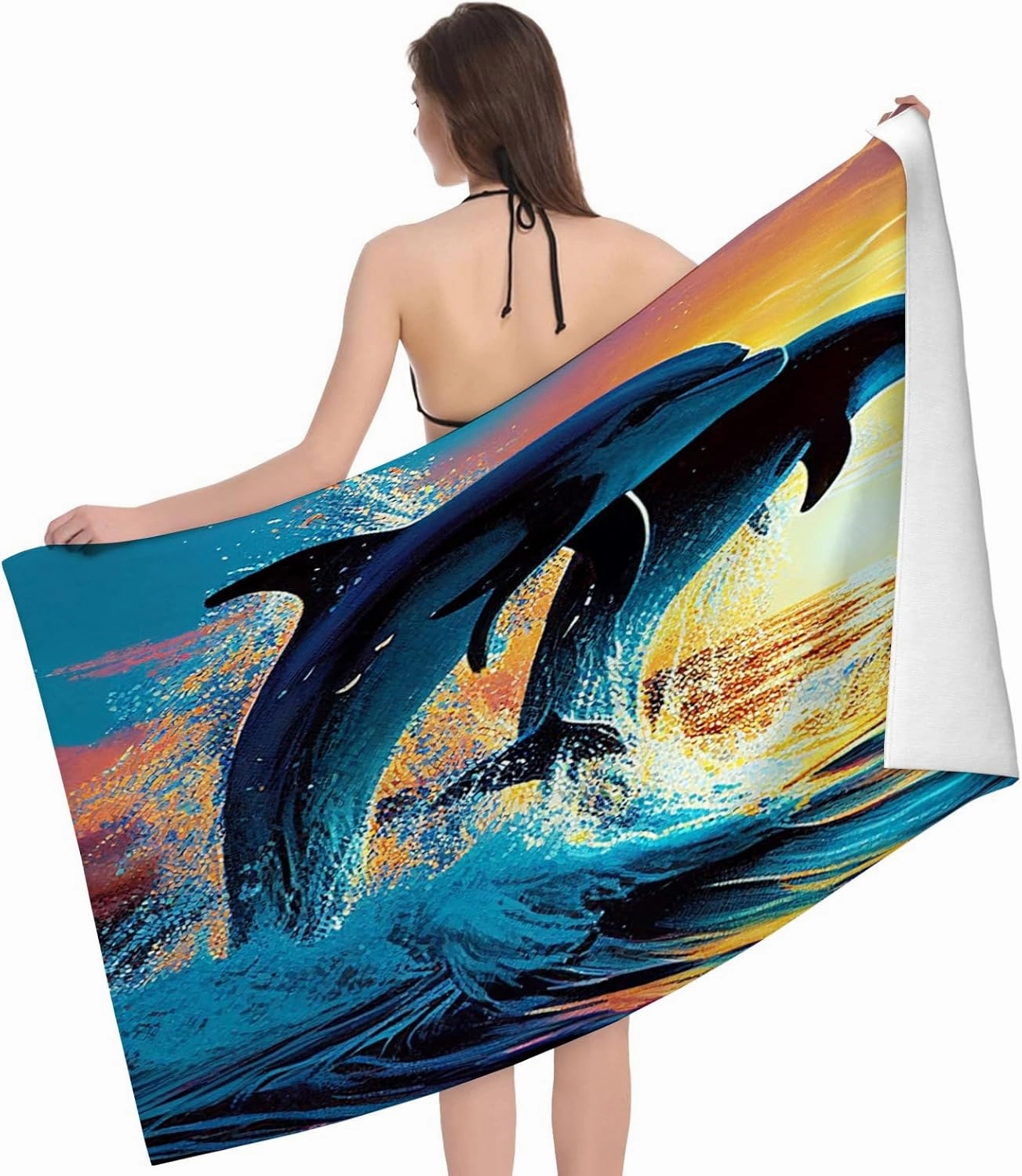 Dolphins Jumping at Sunset，Microfiber Beach Towel,Quick Dry Super Absorbent Lightweight Oversized Large Towels Blanket for Travel Pool Swimming Bath,32 x 52 in