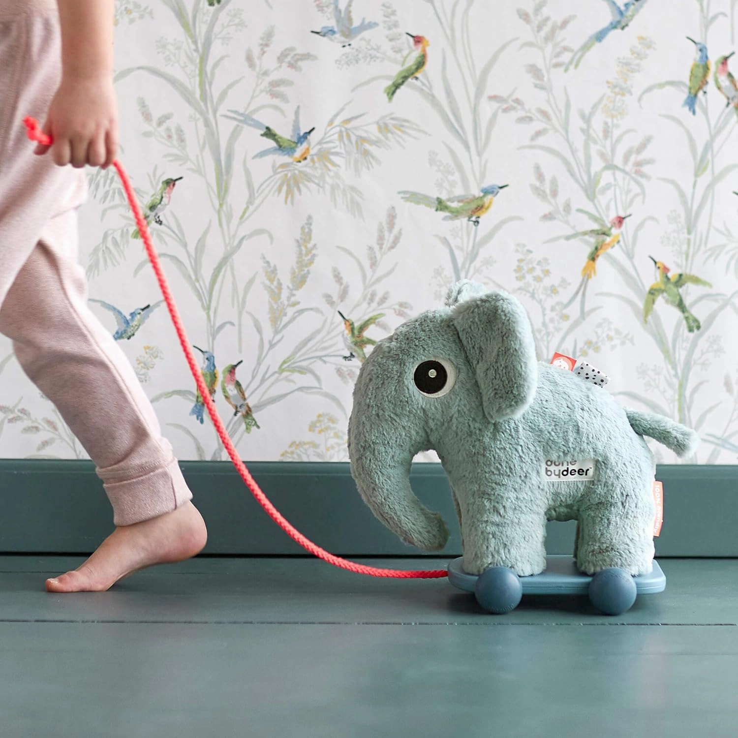 Done by Deer Pull Along Elphee Blue - Soft and Cuddly Elephant Toy with Detachable Magnetic Feet and Wagon - Perfect for Encouraging First Steps and Mobility Development