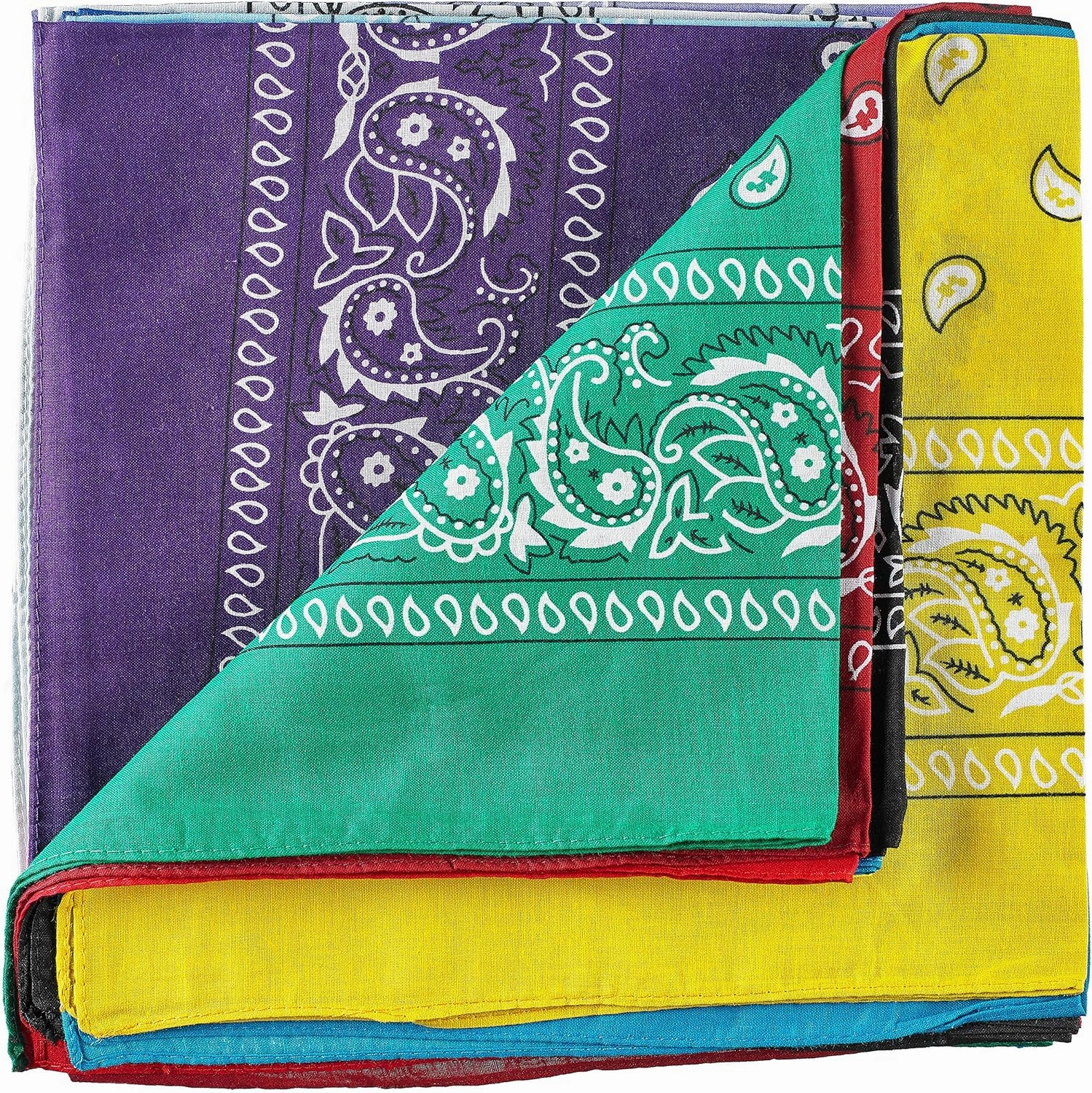 Dozen Paisley Bandanas, Multi Colored Set of Cowboy Bandanna Head Scarf, Double Sided 100% Cotton