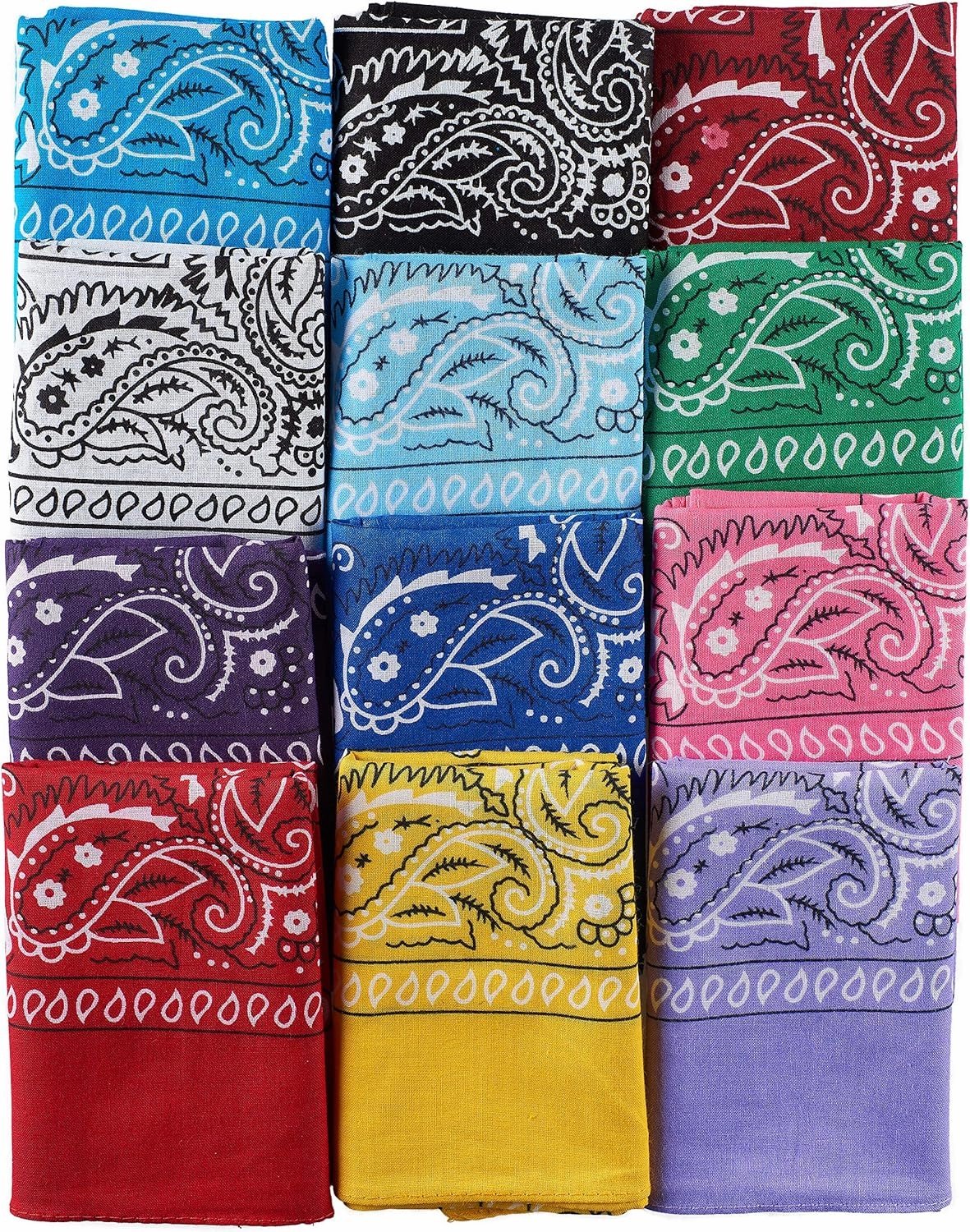 Dozen Paisley Bandanas, Multi Colored Set of Cowboy Bandanna Head Scarf, Double Sided 100% Cotton
