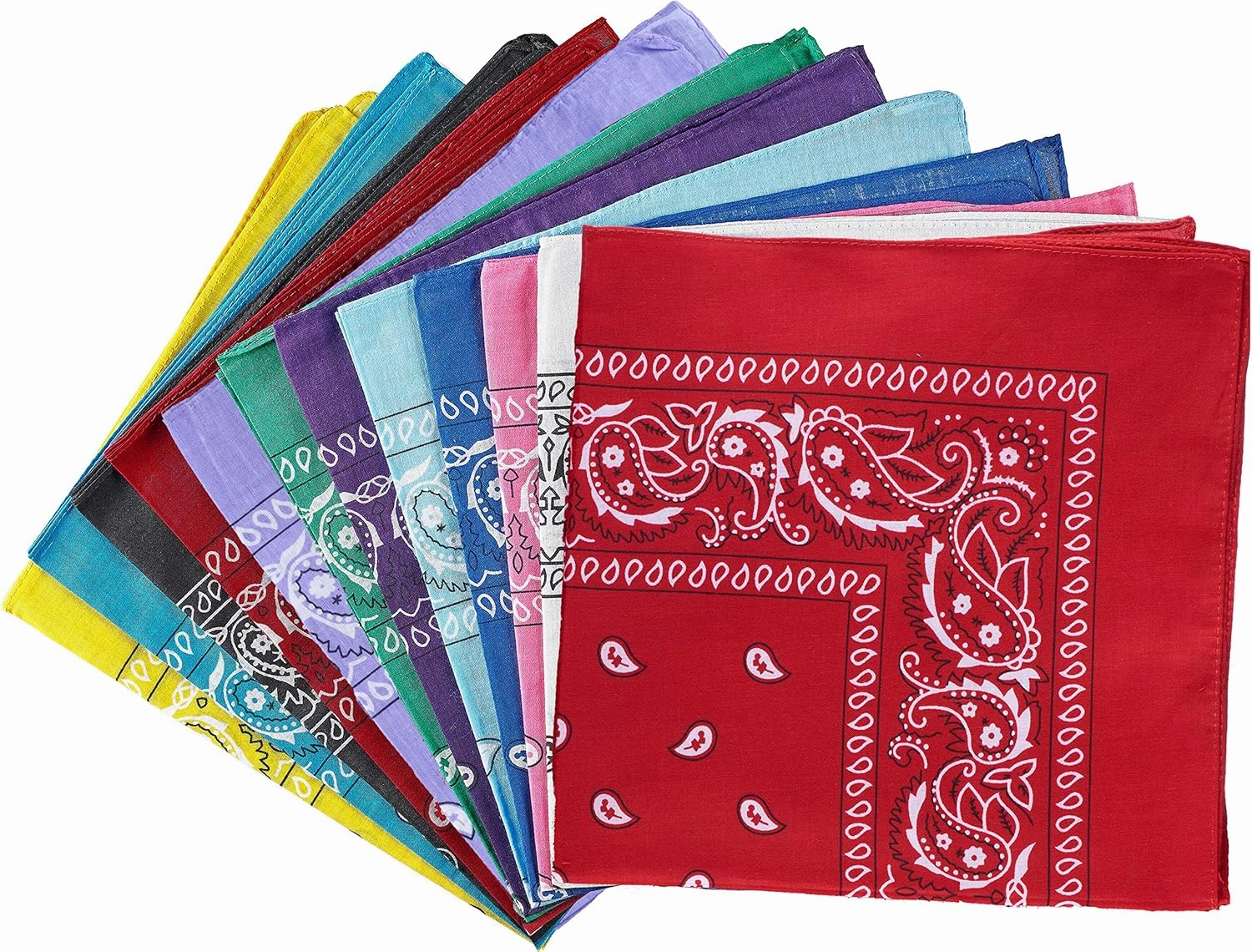 Dozen Paisley Bandanas, Multi Colored Set of Cowboy Bandanna Head Scarf, Double Sided 100% Cotton