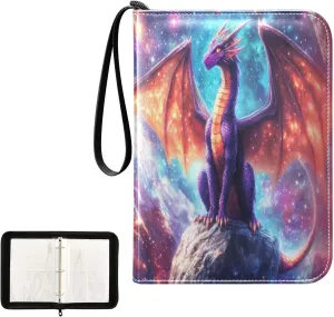 Dragon Colorful Space Galaxy Stone Card Binder 4 Pocket, Trading Card Holder Fits 400 Game Cards with 50 Removable Sleeves, MTG Card Case Standard Size