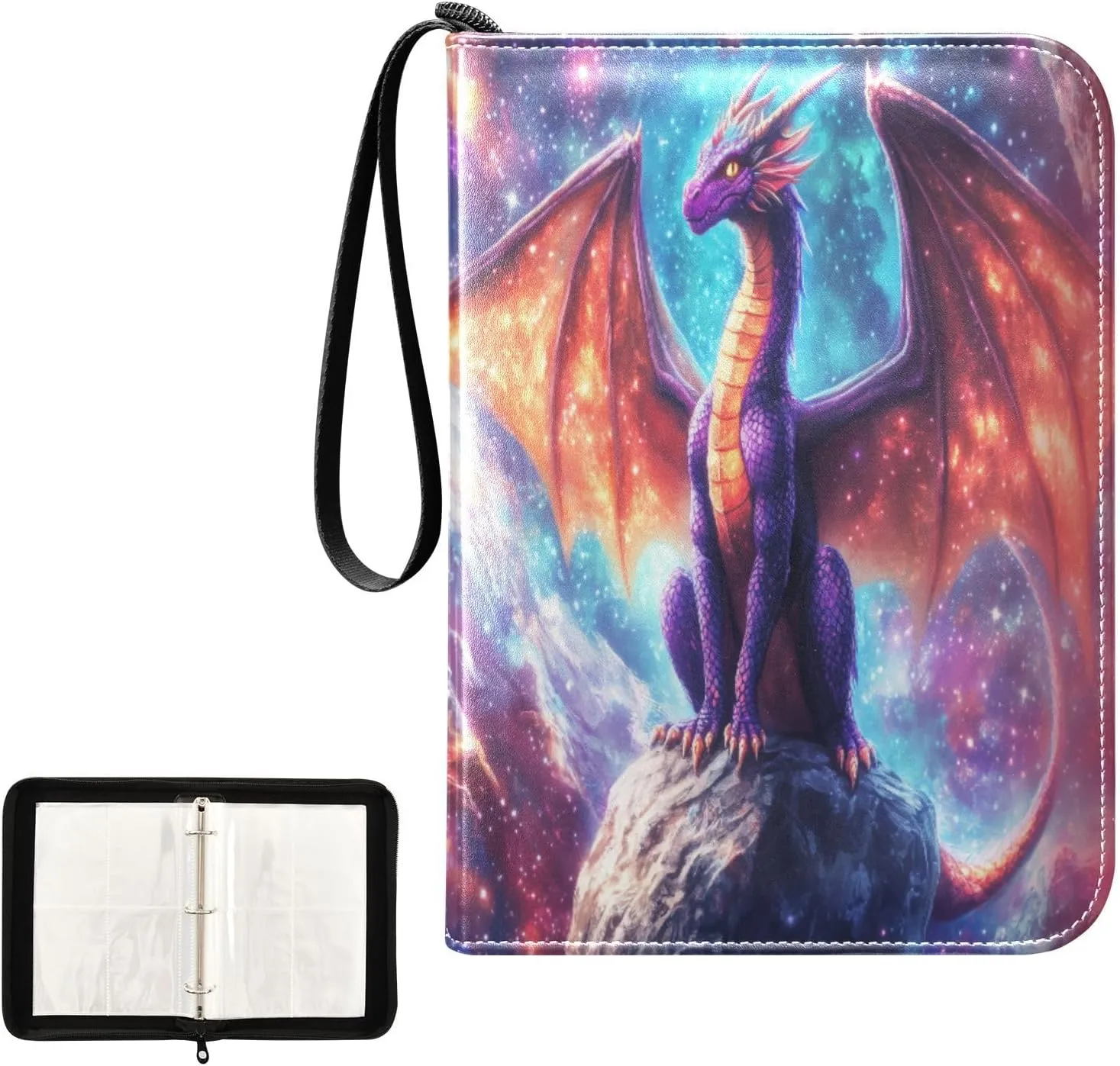 Dragon Colorful Space Galaxy Stone Card Binder 4 Pocket, Trading Card Holder Fits 400 Game Cards with 50 Removable Sleeves, MTG Card Case Standard Size