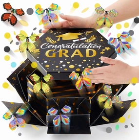 Dunzoom Graduation Gifts Flying Butterfly Surprise Gift Box 2025 Congrats Grad Explosion Box with 12 Pcs Flying Butterfly,Class of 2025 Funny Ideas for High School College Graduate Party Decoration