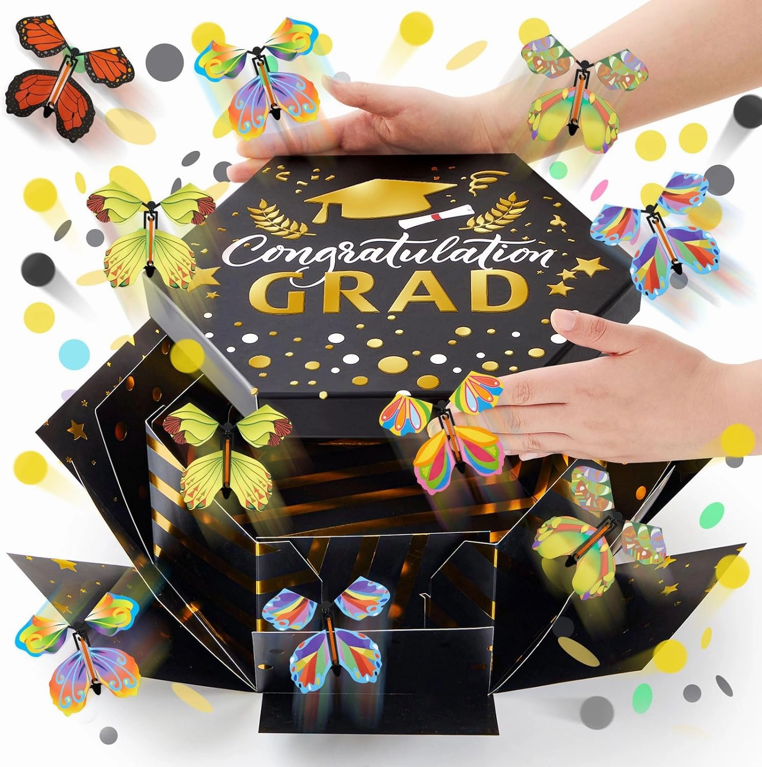 Dunzoom Graduation Gifts Flying Butterfly Surprise Gift Box 2025 Congrats Grad Explosion Box with 12 Pcs Flying Butterfly,Class of 2025 Funny Ideas for High School College Graduate Party Decoration