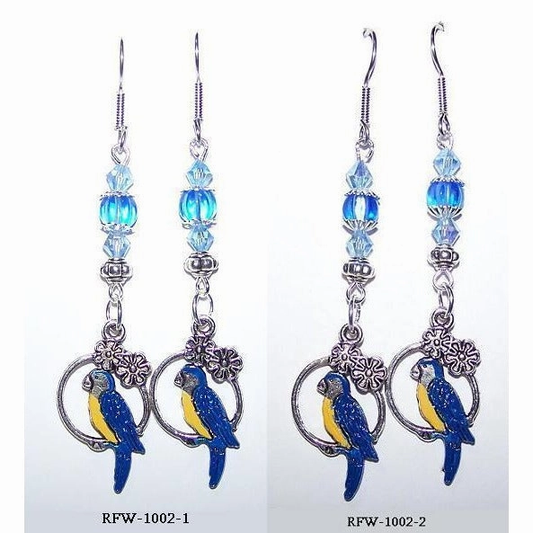Earrings Painted Parrot in Hoop Flowers Blue Beads  2" long Sterling Hook