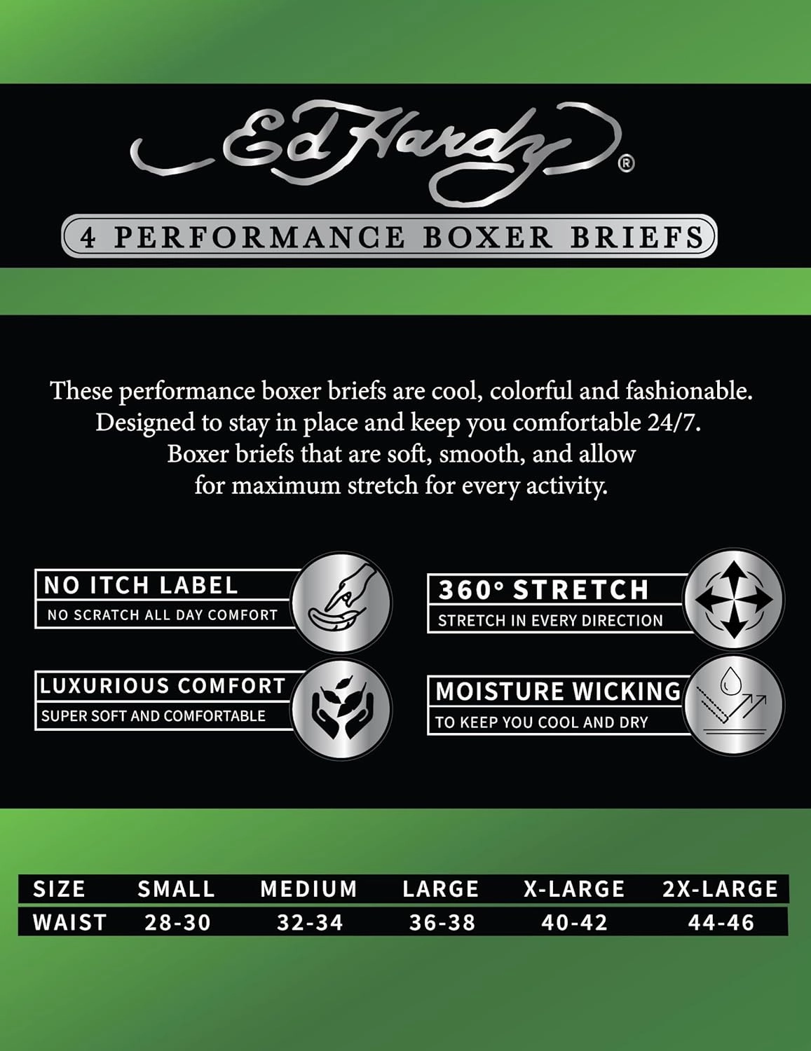 ED HARDY Men's Boxer Briefs 4 Pack, Soft Fabric Underwear, Pull-On Closure, Machine Washable Comfortable Stretch Boxers