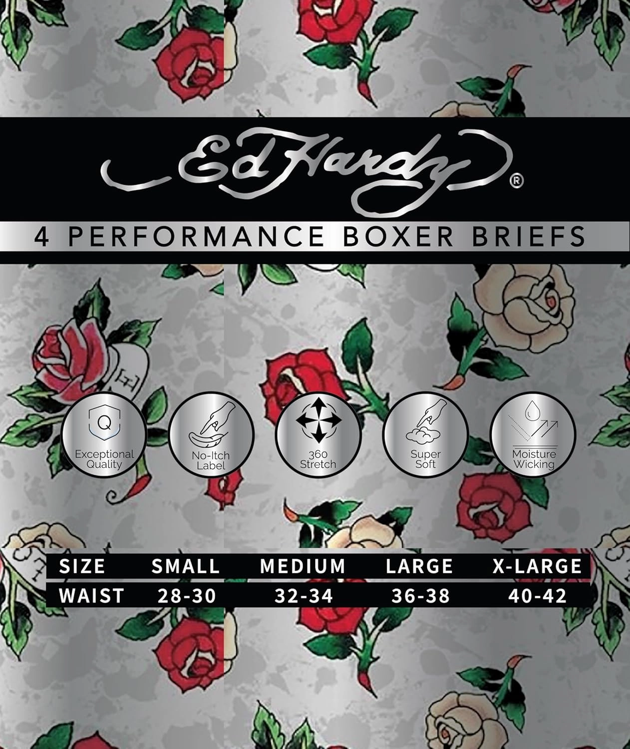 ED HARDY Men's Boxer Briefs 4 Pack, Soft Fabric Underwear, Pull-On Closure, Machine Washable Comfortable Stretch Boxers