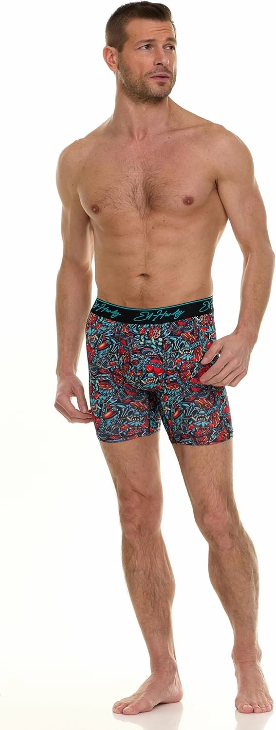 ED HARDY Men's Boxer Briefs 4 Pack, Soft Fabric Underwear, Pull-On Closure, Machine Washable Comfortable Stretch Boxers