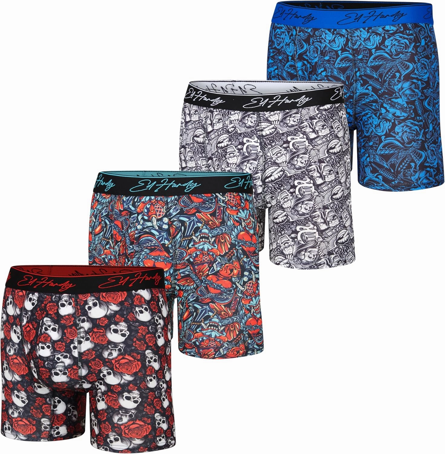 ED HARDY Men's Boxer Briefs 4 Pack, Soft Fabric Underwear, Pull-On Closure, Machine Washable Comfortable Stretch Boxers