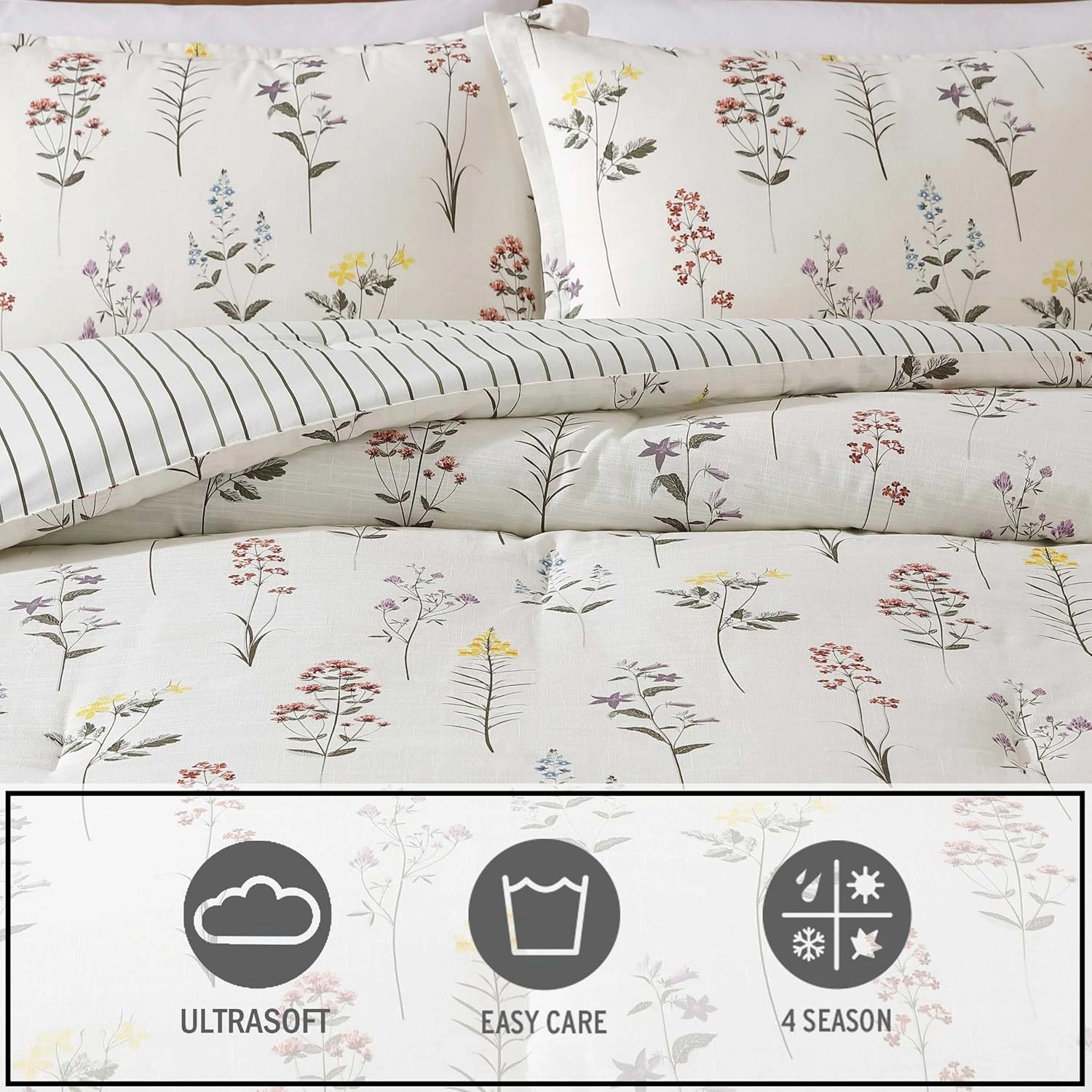 Eddie Bauer - Full/Queen Comforter Set, Super Soft Reversible Bedding with Matching Sham, Floral & Pinstripe Design (Wildflower Beige, Full/Queen)