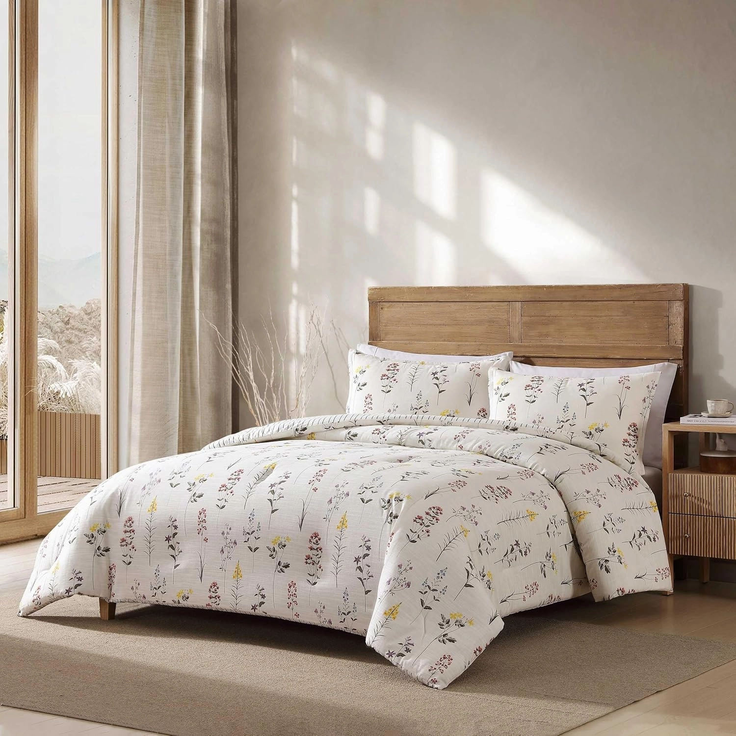 Eddie Bauer - Full/Queen Comforter Set, Super Soft Reversible Bedding with Matching Sham, Floral & Pinstripe Design (Wildflower Beige, Full/Queen)