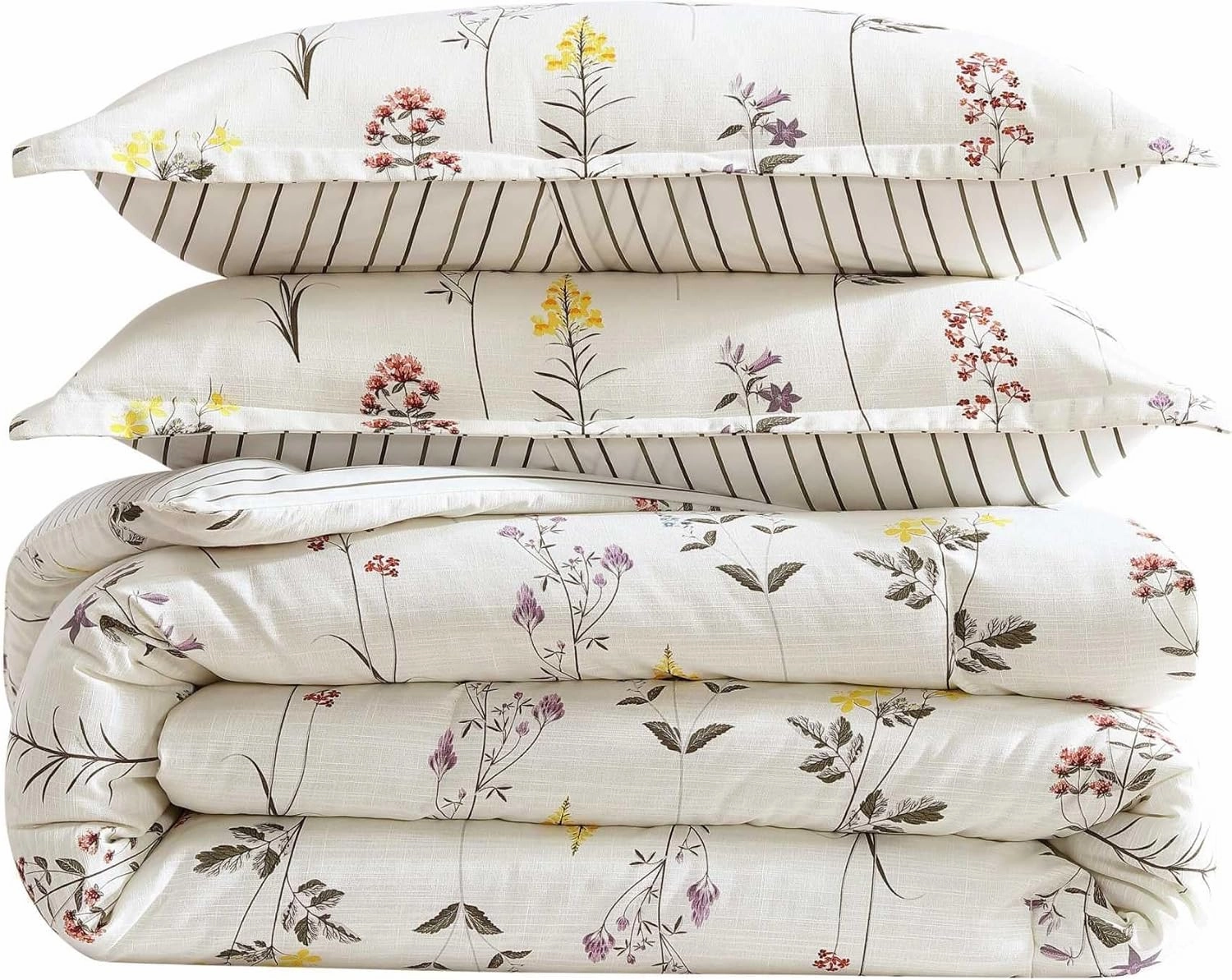 Eddie Bauer - Full/Queen Comforter Set, Super Soft Reversible Bedding with Matching Sham, Floral & Pinstripe Design (Wildflower Beige, Full/Queen)