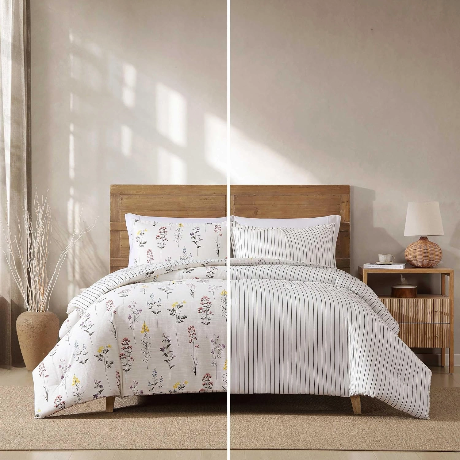 Eddie Bauer - Full/Queen Comforter Set, Super Soft Reversible Bedding with Matching Sham, Floral & Pinstripe Design (Wildflower Beige, Full/Queen)