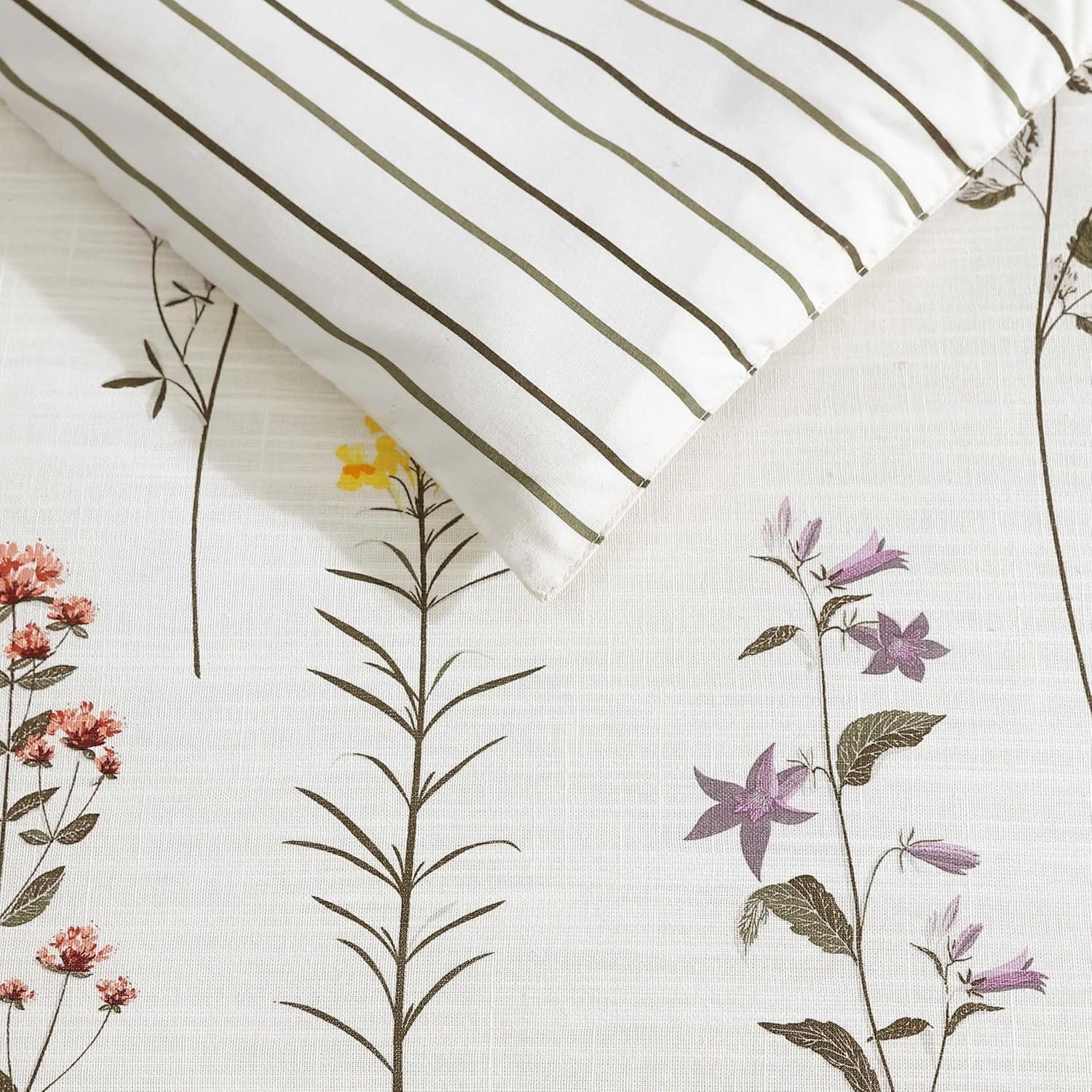 Eddie Bauer - Full/Queen Comforter Set, Super Soft Reversible Bedding with Matching Sham, Floral & Pinstripe Design (Wildflower Beige, Full/Queen)