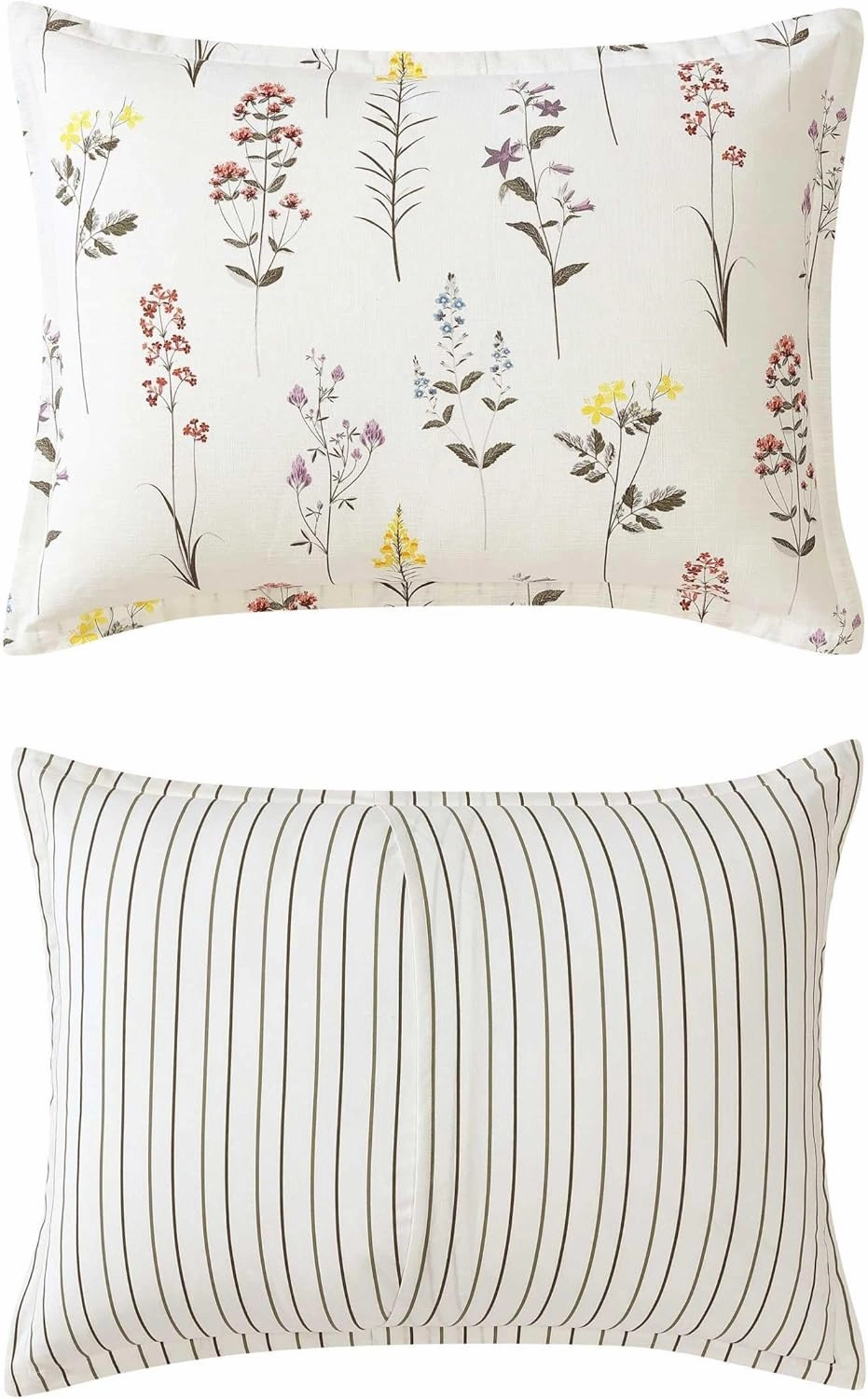Eddie Bauer - Full/Queen Comforter Set, Super Soft Reversible Bedding with Matching Sham, Floral & Pinstripe Design (Wildflower Beige, Full/Queen)