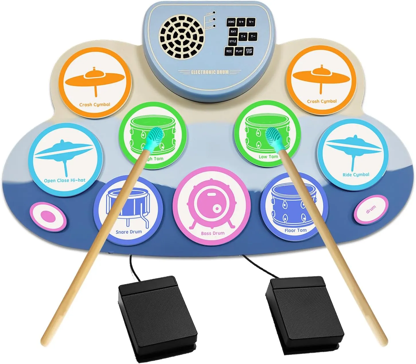 Electronic Drum Set, Roll Up Drum Practice Pad with Headphone Jack Built-in Speaker Digital Touch 7 Labeled Drum Pads 2 Foot Pedals Up to 10H Playing Time, for Kids (Colorful)