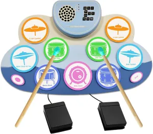 Electronic Drum Set, Roll Up Drum Practice Pad with Headphone Jack Built-in Speaker Digital Touch 7 Labeled Drum Pads 2 Foot Pedals Up to 10H Playing Time, for Kids (Colorful)