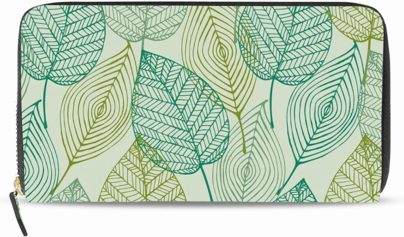 Elegant Texture with Leaves Seamless Spring Pattern Leather Long Wallet Organizer with Zipper Purse Clutch Bag for Women Men Key Card Coin Passport Checkbook 8 x 4 inch