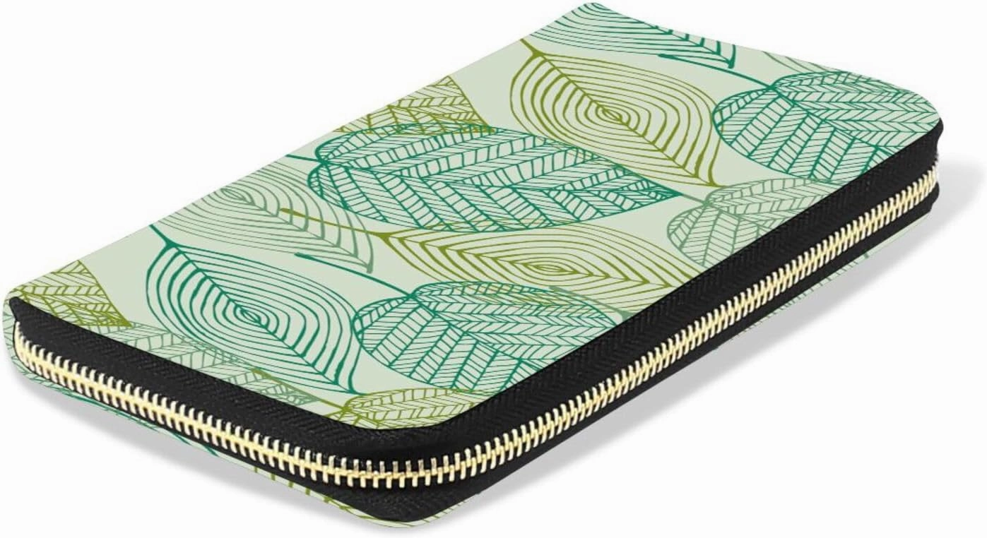 Elegant Texture with Leaves Seamless Spring Pattern Leather Long Wallet Organizer with Zipper Purse Clutch Bag for Women Men Key Card Coin Passport Checkbook 8 x 4 inch