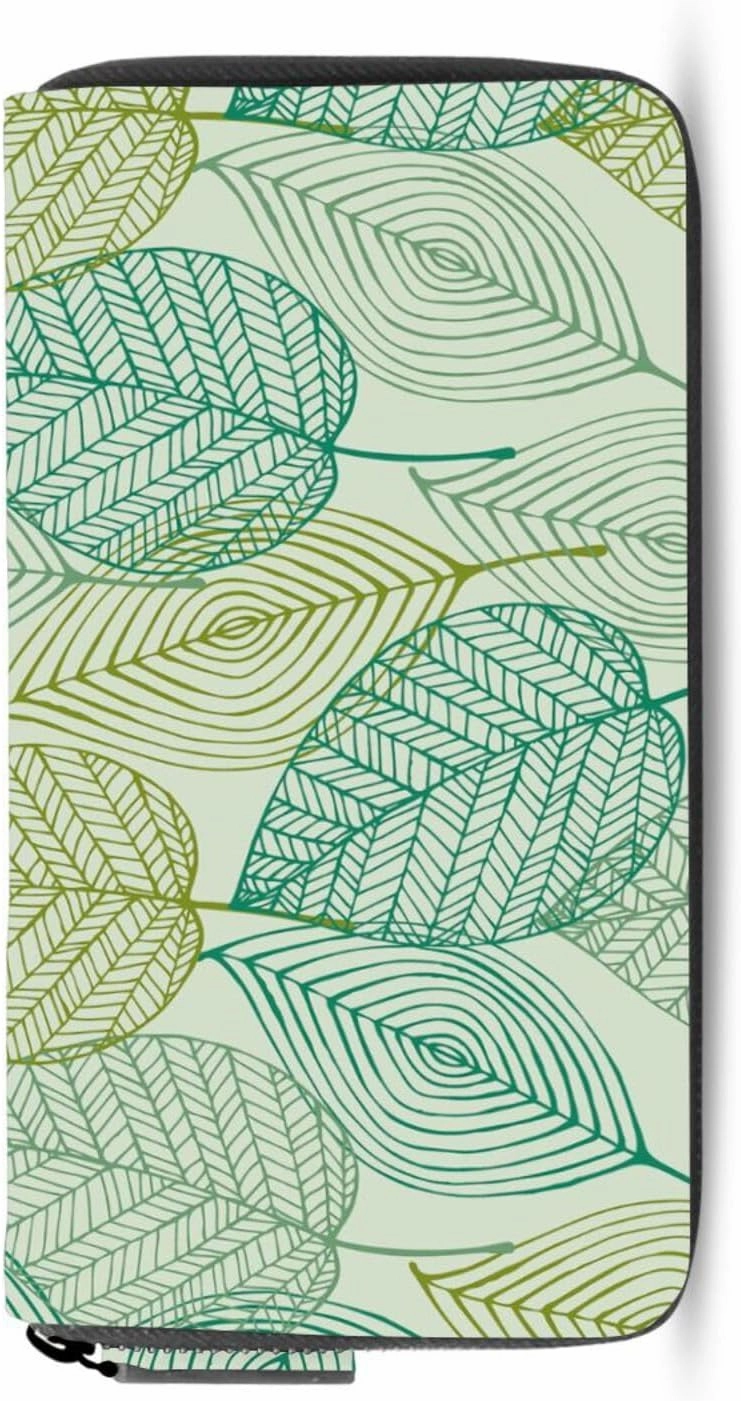 Elegant Texture with Leaves Seamless Spring Pattern Leather Long Wallet Organizer with Zipper Purse Clutch Bag for Women Men Key Card Coin Passport Checkbook 8 x 4 inch