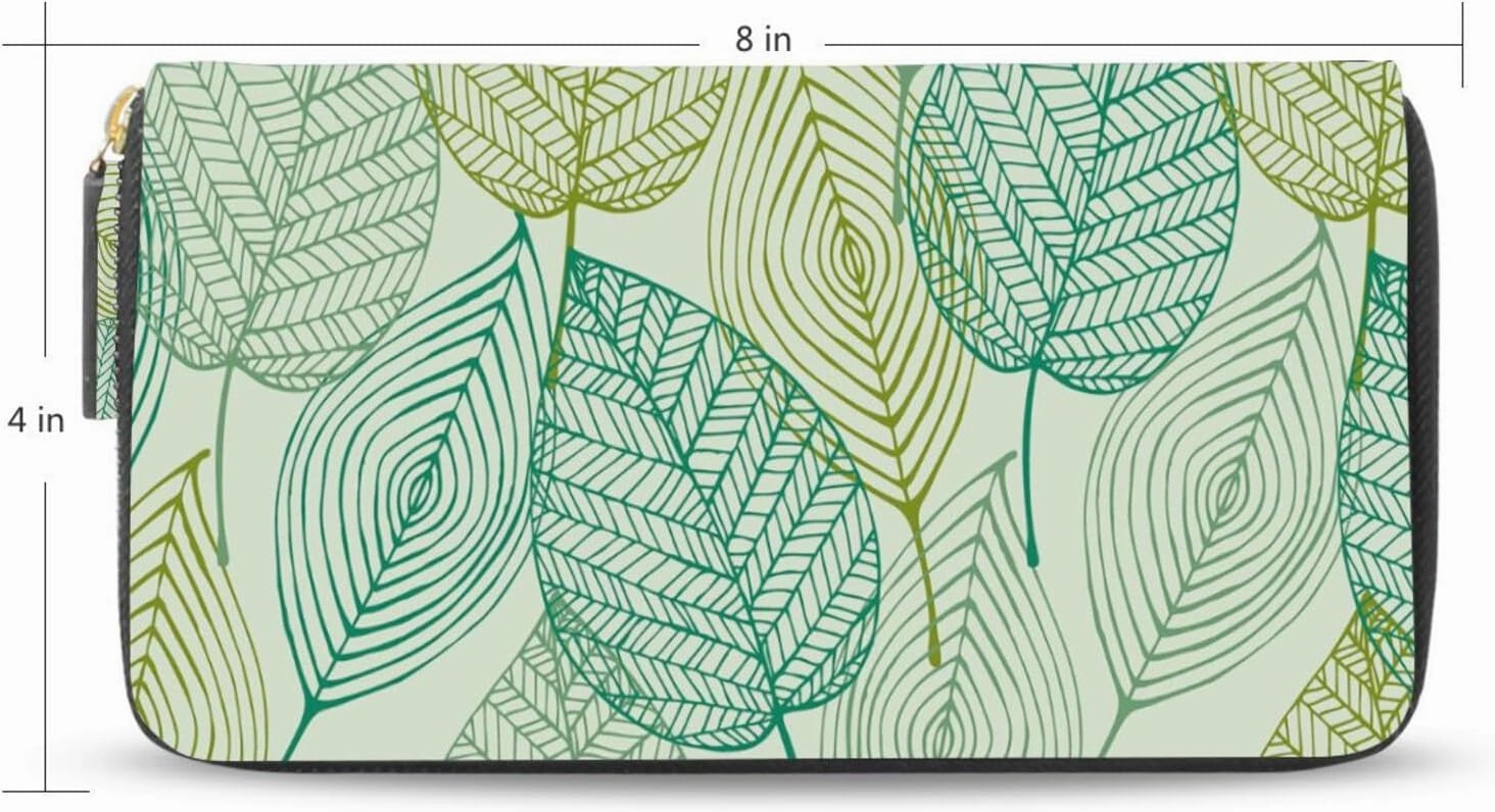 Elegant Texture with Leaves Seamless Spring Pattern Leather Long Wallet Organizer with Zipper Purse Clutch Bag for Women Men Key Card Coin Passport Checkbook 8 x 4 inch