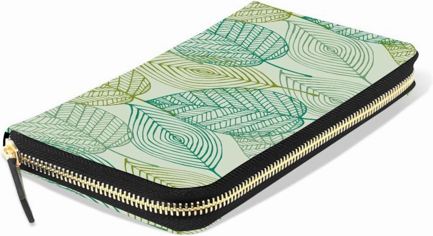 Elegant Texture with Leaves Seamless Spring Pattern Leather Long Wallet Organizer with Zipper Purse Clutch Bag for Women Men Key Card Coin Passport Checkbook 8 x 4 inch