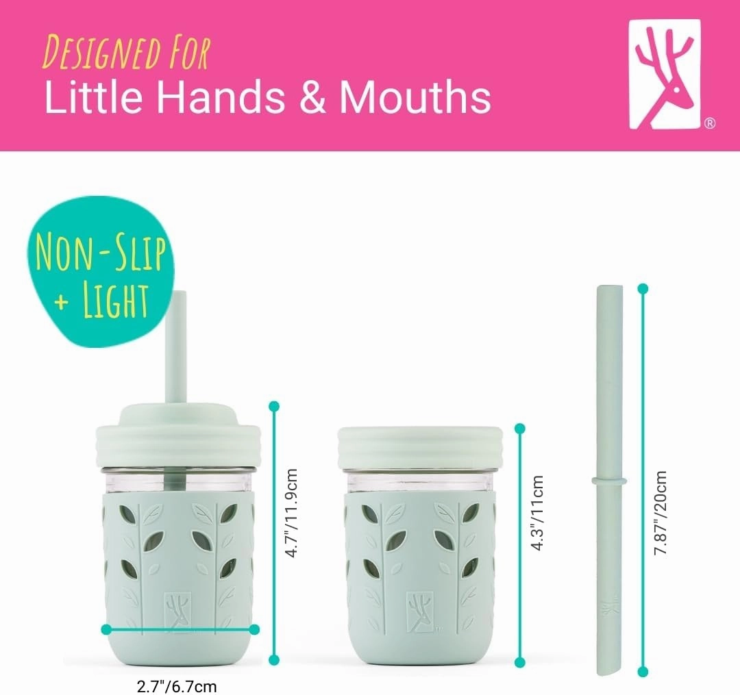 Elk and Friends Kids & Toddler Cups | The Original Glass Mason jars 8 oz with Silicone Sleeves & Silicone Straws with Stoppers | Smoothie Cups | Spill Proof Sippy Cups for Toddlers