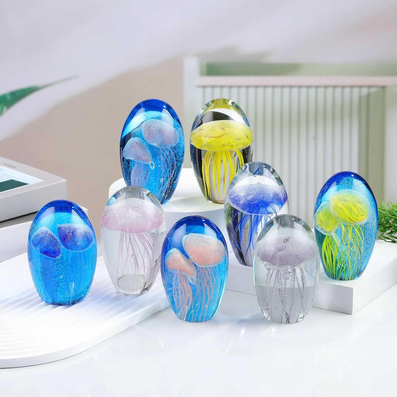 Enjinkail Hand Blown Glass Jellyfish Lamp - Ocean Themed Crystal Ball Desk Decor with LED Light, Aquarium & Beach Room Decoration, Collectible Figurine Paperweight Gift for Women (Blue)