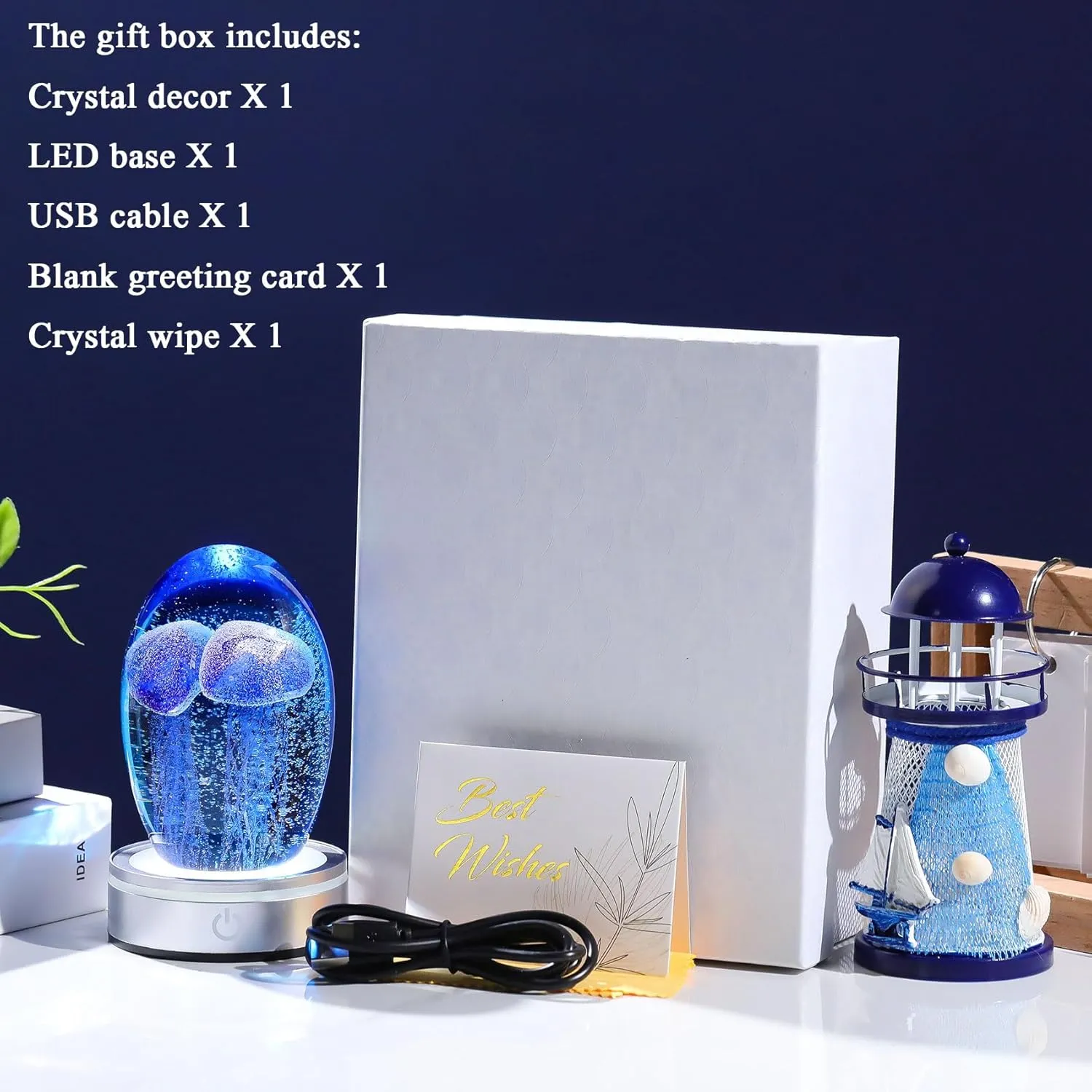 Enjinkail Hand Blown Glass Jellyfish Lamp - Ocean Themed Crystal Ball Desk Decor with LED Light, Aquarium & Beach Room Decoration, Collectible Figurine Paperweight Gift for Women (Blue)
