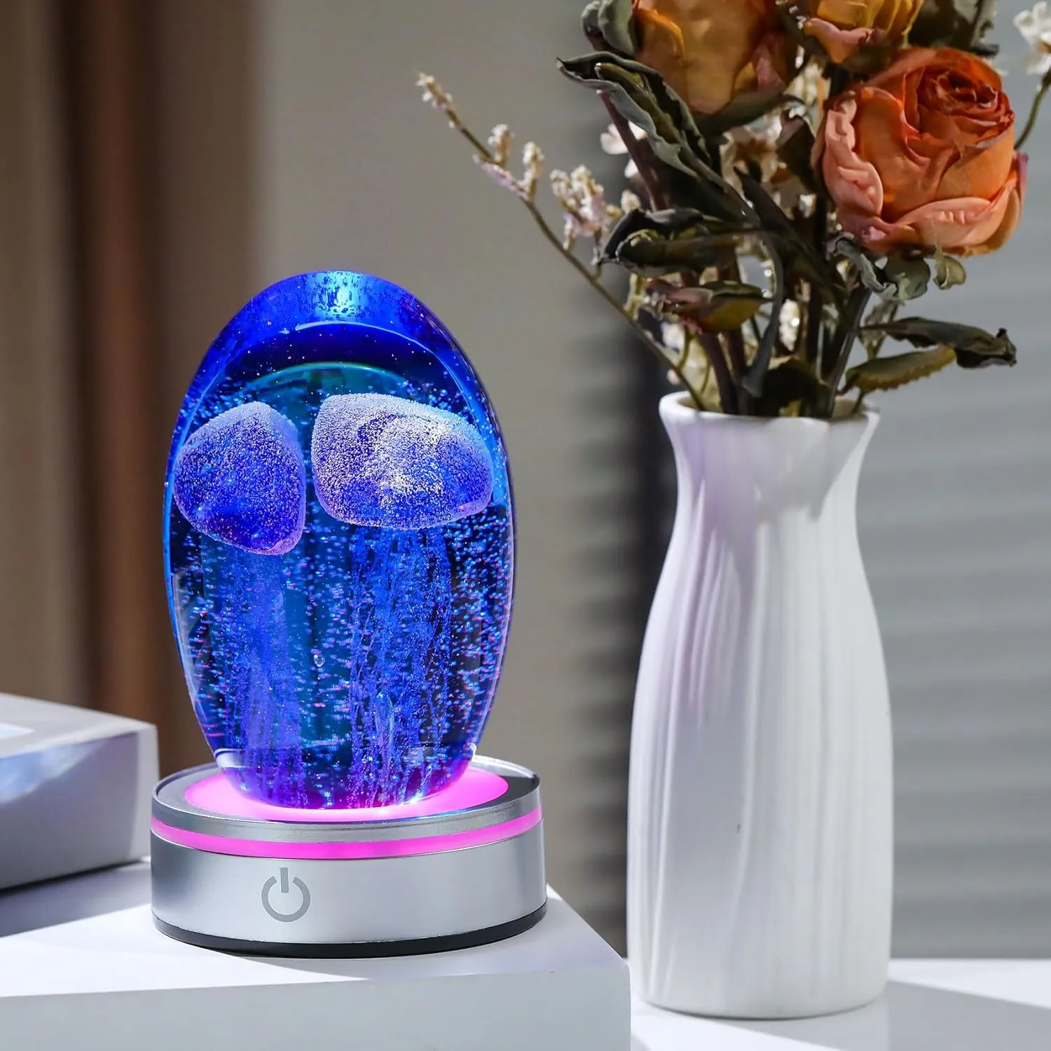 Enjinkail Hand Blown Glass Jellyfish Lamp - Ocean Themed Crystal Ball Desk Decor with LED Light, Aquarium & Beach Room Decoration, Collectible Figurine Paperweight Gift for Women (Blue)