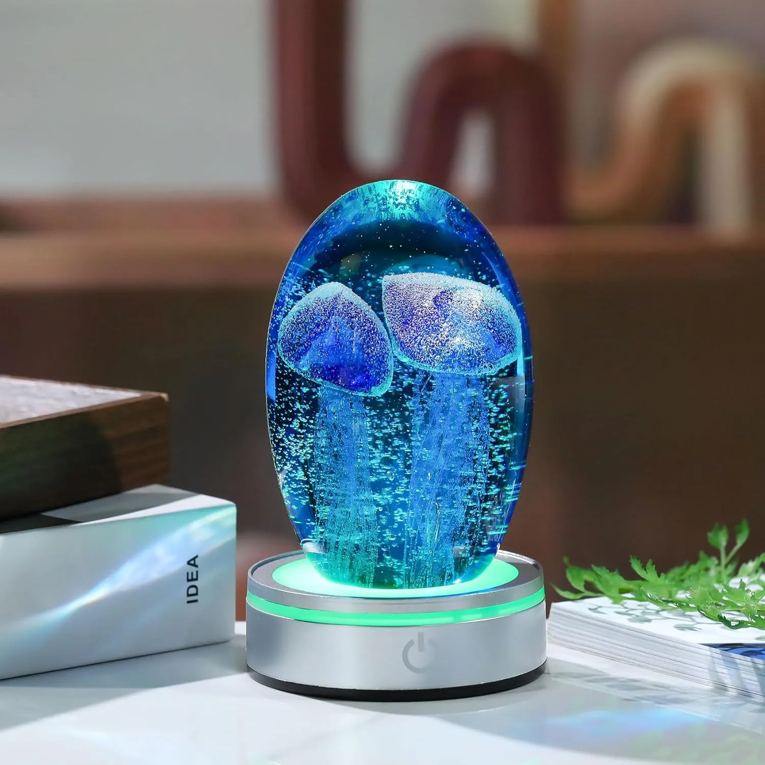 Enjinkail Hand Blown Glass Jellyfish Lamp - Ocean Themed Crystal Ball Desk Decor with LED Light, Aquarium & Beach Room Decoration, Collectible Figurine Paperweight Gift for Women (Blue)