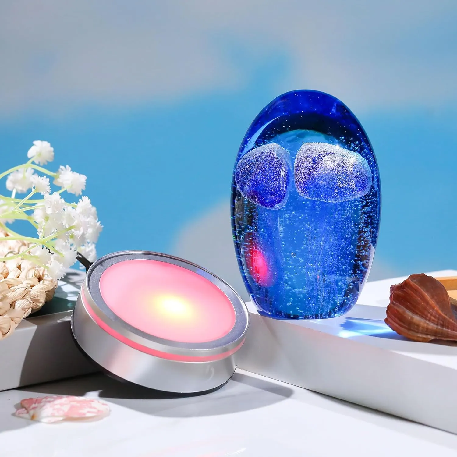 Enjinkail Hand Blown Glass Jellyfish Lamp - Ocean Themed Crystal Ball Desk Decor with LED Light, Aquarium & Beach Room Decoration, Collectible Figurine Paperweight Gift for Women (Blue)