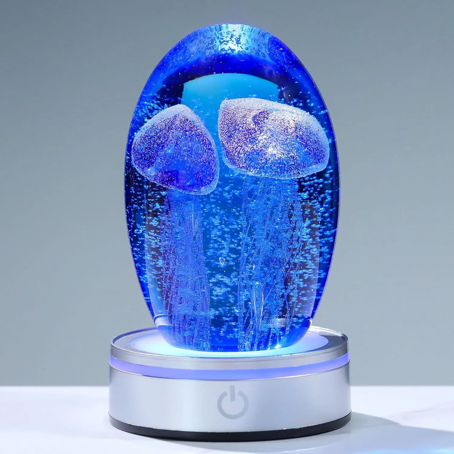 Enjinkail Hand Blown Glass Jellyfish Lamp - Ocean Themed Crystal Ball Desk Decor with LED Light, Aquarium & Beach Room Decoration, Collectible Figurine Paperweight Gift for Women (Blue)