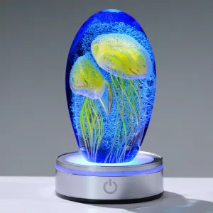 Enjinkail Hand Blown Glass Jellyfish Lamp - Ocean Themed Crystal Ball Desk Decor with LED Light, Aquarium & Beach Room Decoration, Collectible Figurine Paperweight Gift for Women (Yellow)