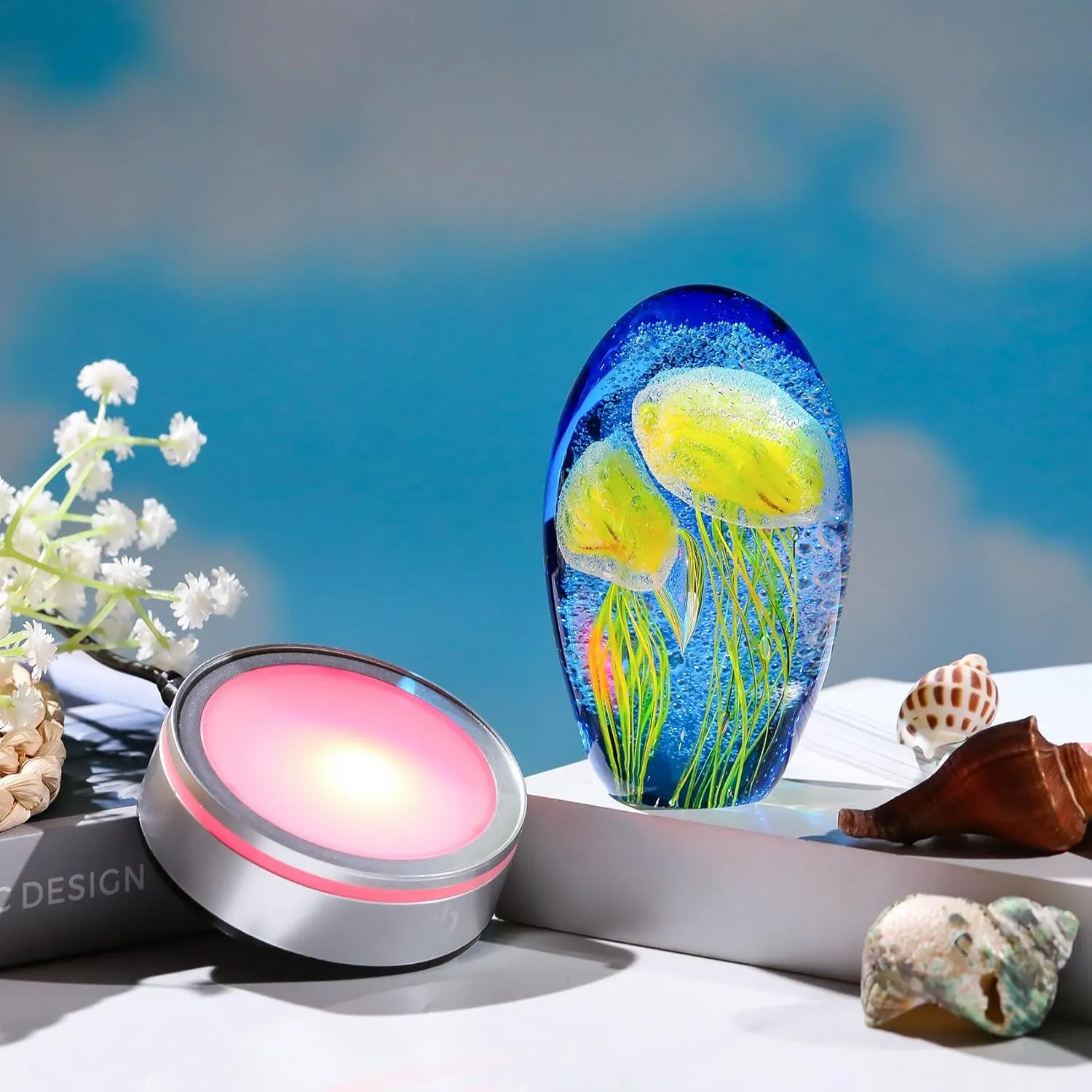 Enjinkail Hand Blown Glass Jellyfish Lamp - Ocean Themed Crystal Ball Desk Decor with LED Light, Aquarium & Beach Room Decoration, Collectible Figurine Paperweight Gift for Women (Yellow)