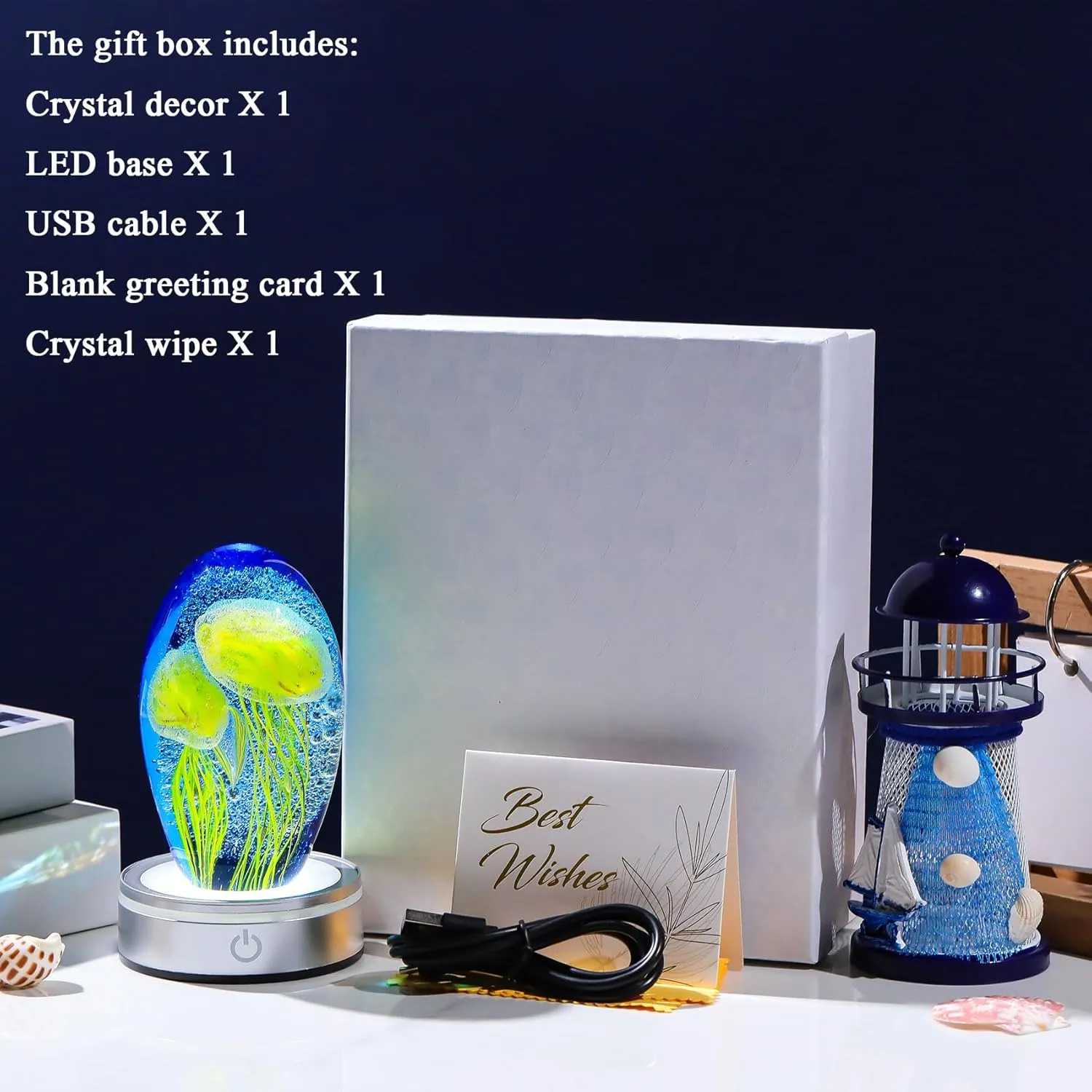 Enjinkail Hand Blown Glass Jellyfish Lamp - Ocean Themed Crystal Ball Desk Decor with LED Light, Aquarium & Beach Room Decoration, Collectible Figurine Paperweight Gift for Women (Yellow)