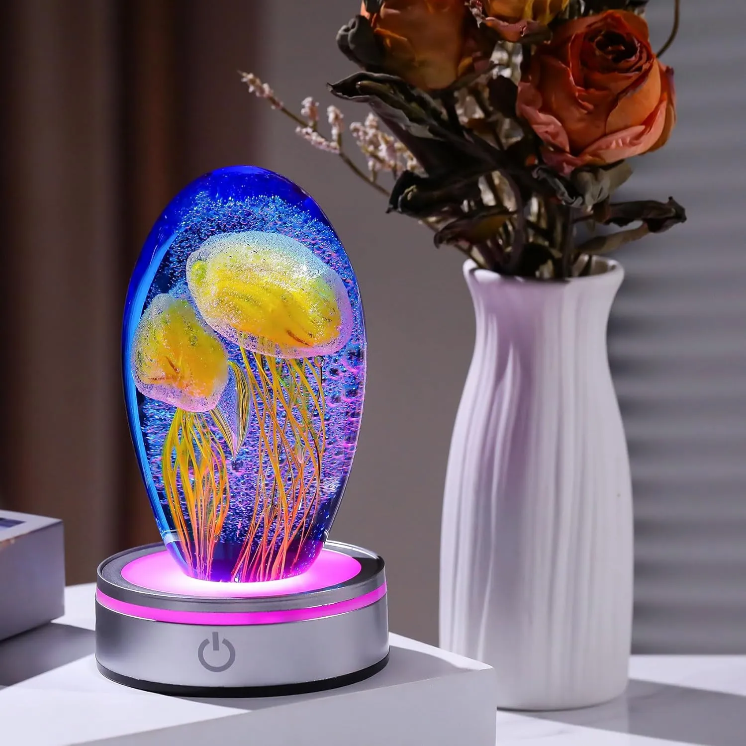 Enjinkail Hand Blown Glass Jellyfish Lamp - Ocean Themed Crystal Ball Desk Decor with LED Light, Aquarium & Beach Room Decoration, Collectible Figurine Paperweight Gift for Women (Yellow)