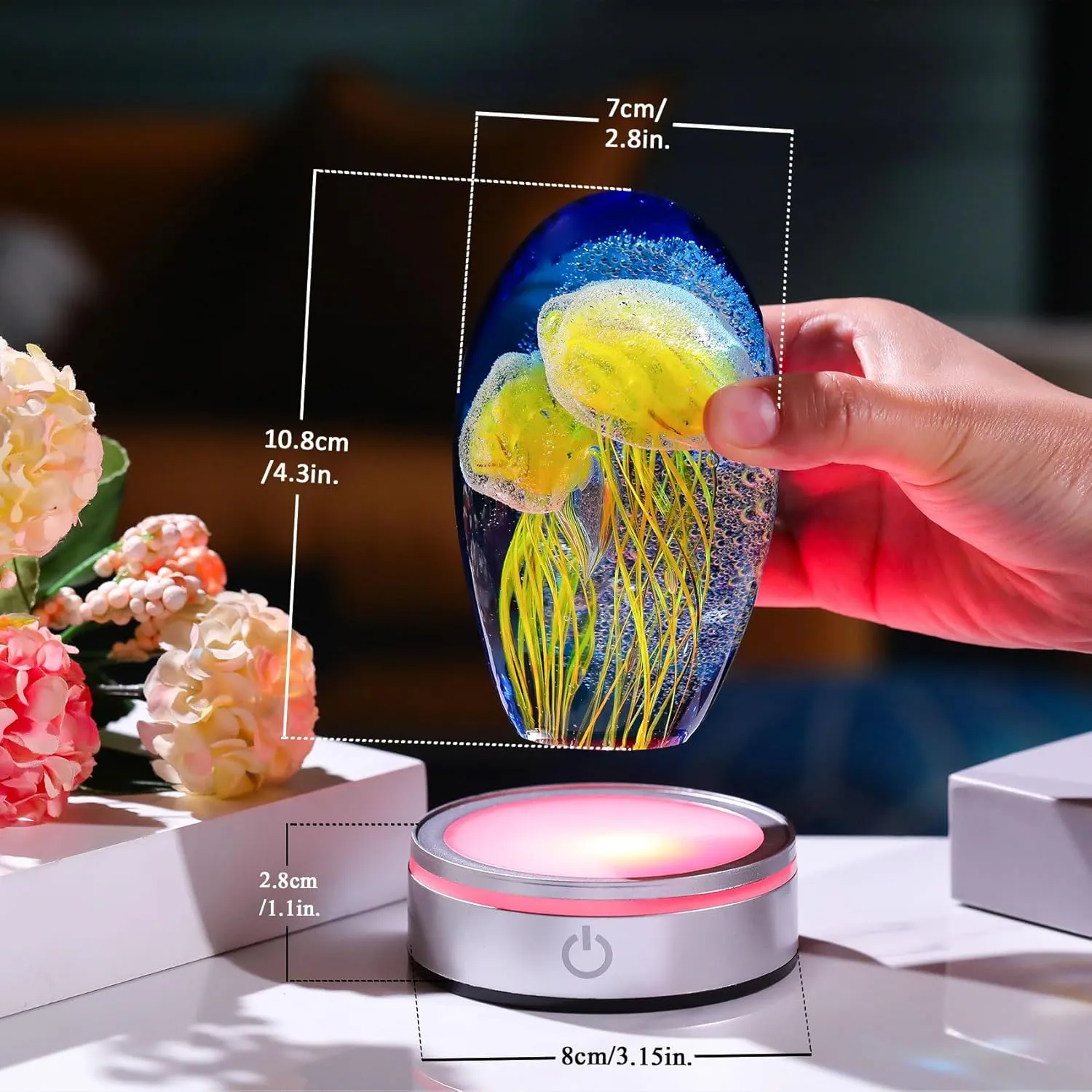 Enjinkail Hand Blown Glass Jellyfish Lamp - Ocean Themed Crystal Ball Desk Decor with LED Light, Aquarium & Beach Room Decoration, Collectible Figurine Paperweight Gift for Women (Yellow)