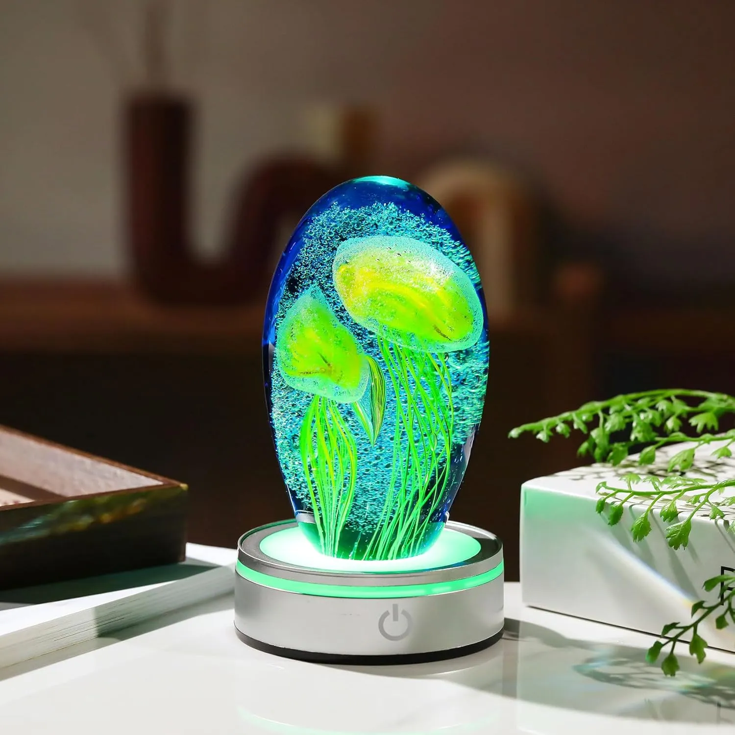 Enjinkail Hand Blown Glass Jellyfish Lamp - Ocean Themed Crystal Ball Desk Decor with LED Light, Aquarium & Beach Room Decoration, Collectible Figurine Paperweight Gift for Women (Yellow)