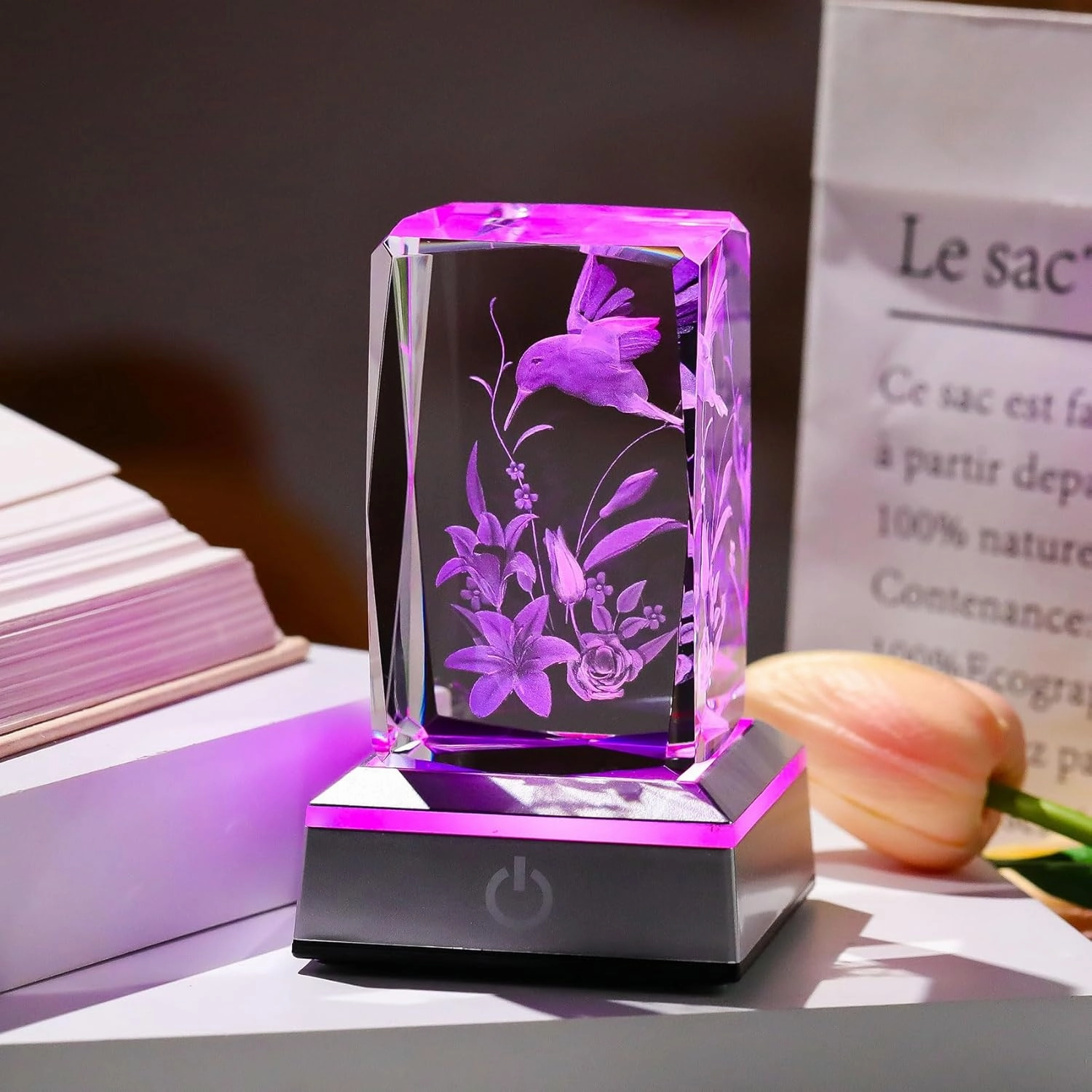 Enjinkail 3D Hummingbird for Mom Women Glass Figurines Crystal Humming Bird Lily Flower Statue Home Decor with Light Base, Present for Nature Lovers on Birthday Christmas